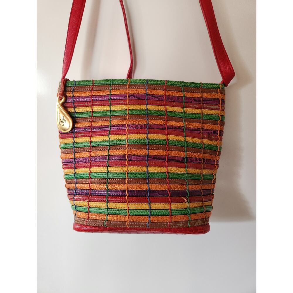 Vintage Sharif USA Purse Woven Leather Shoulder Bag Green Red Yellow 1980s - Picture 2 of 7